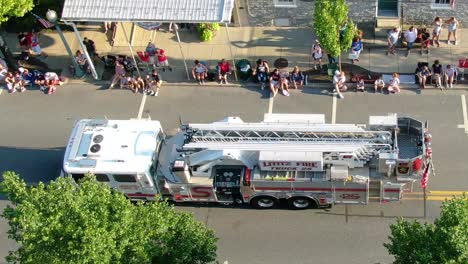 Lititz-Fire-Department-bring-their-Snorkel-fire-truck-to-the-4th-July-Independence-Day-Parade---Birds-eye-aerial-view