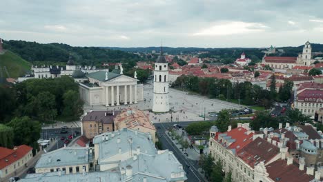 AERIAL:-Vilnius-City-Old-Town-Panorama-on-a-Blue-Hour-Summer-Evening-with-Cathedral-and-Bell-Tower-in-Background