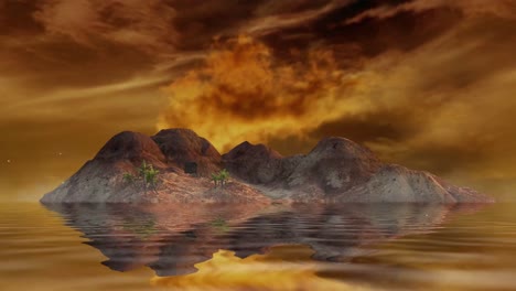 Animiertes-Video-Von-Großen-Felsen,-Die-über-Dem-Meer-Schweben,-Mit-Roten-Wolken-Im-Hintergrund