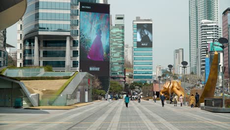 Looking-down-Yeongdong-daero-Street-toward-the-Coex-Mall-and-business-center-in-Gangnam-District-of-Seoul,-South-Korea