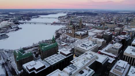 Drone-shot-of-Freedom-Trucker-Rally-on-Slater-Street-in-Ottawa,-Ontario-on-January-30,-2022-during-the-COVID-19-pandemic