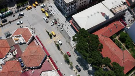Aerial-top-view-along-car-traffic-in-city-of-Kusadasi-in-Turkey