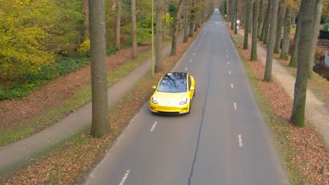 Vista-Aérea-De-Drones-Del-Coche-Tesla-Moderno-Amarillo-Que-Se-Está-Probando-A-Través-Del-Bosque-En-Cámara-Lenta