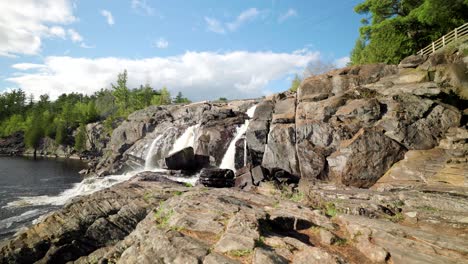 Cascading-waterfall-flows-down-rock-face-into-lake-basin-on-bright-sunny-day-in-Muskoka-Ontario