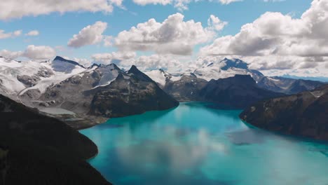 Garibaldi-Lake-aerial-drone-view-from-Panorama-Ridge,-panning-right,-Canada,-British-Columbia