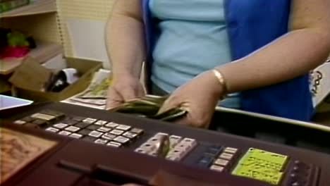 1982-Frau-Zählt-Geld-An-Der-Registrierkasse