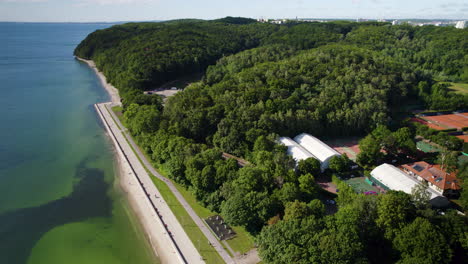 Aerial-view-showing-beautiful-landscape-with-Baltic-Sea-and-green-forest-trees-during-summer