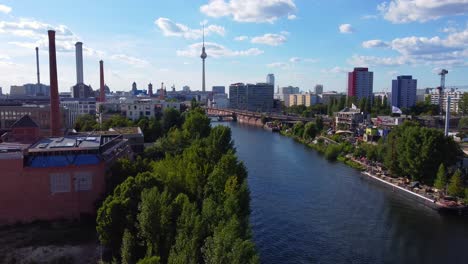 River-Spree-leads-to-Alexanderplatz-TV-Tower,-Clouds