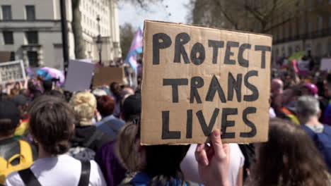 A-protestor-holds-up-a-cardboard-placard-that-reads,-“Protect-Trans-Rights”-on-a-Trans-rights-protest-opposing-conversion-therapy