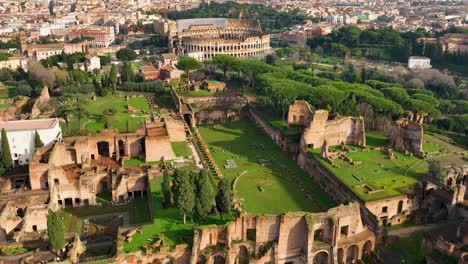 Aerial-fly-drone-view-of-Colosseum-or-Coliseum-with-ruins,-Rome,-Italy