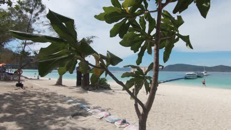 People-enjoying-the-tropical-white-sand-beach-of-Coral-Island,-Thailand