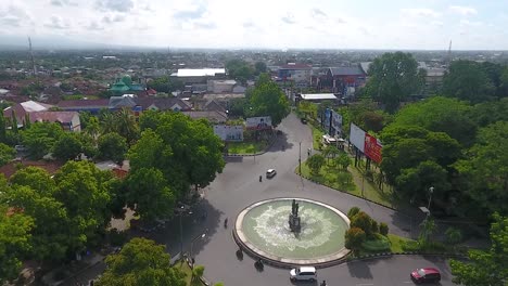 Aerial-view-of-fountain-roundabout-in-Mataram-city-downtown,-Lombok,-Indonesia