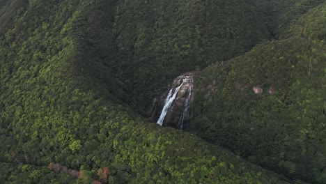 Ohko-No-Taki-Falls-in-Yakushima,-High-Aerial-View-of-Waterfall-and-Forest