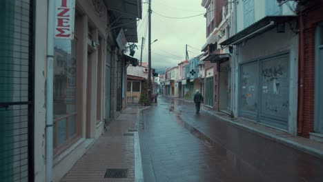 Walking-the-streets-of-Mytilene,-Lesvos-Greece-after-winter-rainfall