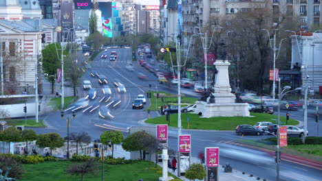 Rush-Hour-Traffic-At-University-Square-In-Bucharest,-Romania-At-Daytime
