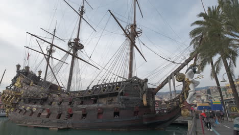 Neptune-vessel-pirate-ship-attraction-in-Genoa-Old-Port-in-Liguria,-Italy