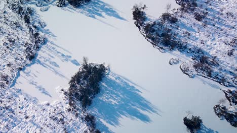 Aerial-revealing-birdseye-view-of-snowy-bog-landscape-with-frozen-lakes-in-sunny-winter-day,-Dunika-peat-bog-,-wide-angle-drone-shot-camera-tilt-up