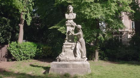 Panorámica-A-Través-De-La-Estatua-De-Edouard-Pailleron-Por-Leopold-Bernstamm-En-Parc-Monceau-En-París,-Francia