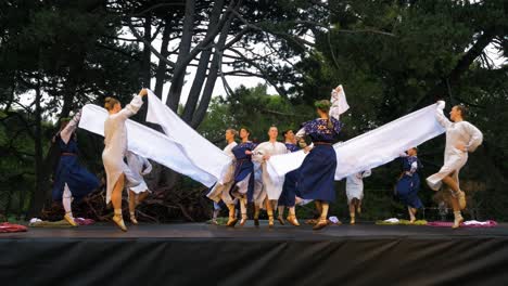 Adult-caucasian-dancers-in-traditional-folk-costumes-perform-in-a-dance-performance-in-open-air,-sunny-summer-evening,-happy,-Latvian-national-culture,-wide-shot-from-a-distance