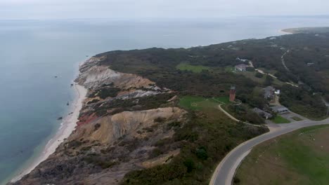 Panoramic-View-On-The-Famous-Gay-Head-Cliffs-In-Cape-Cod-Martha's-Vineyard,-Massachusetts---aerial-drone-shot