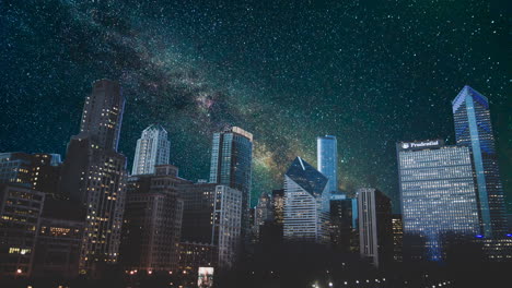 Nachtansicht-Der-Stadt-Chicago-Im-Zeitraffer,-Sterne,-Galaxie,-Stadtbild,-Gebäude,-Wolkenkratzer,-Moderne-Architektur,-Himmelsersatz,-Wolkengebilde,-USA,-New-York
