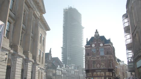 Wide-view-of-the-Dom-tower-in-Utrecht,-the-Netherlands-under-renovation