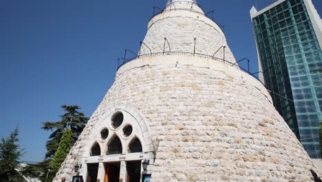 People-at-Famous-Landmark,-Lady-of-Lebanon-Statue-Monument-in-Harissa