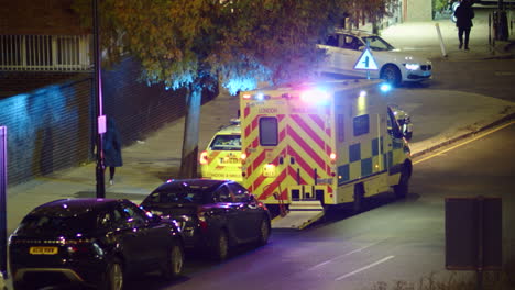 Close-up-static-shot-of-an-ambulance-parked-in-North-London,-England