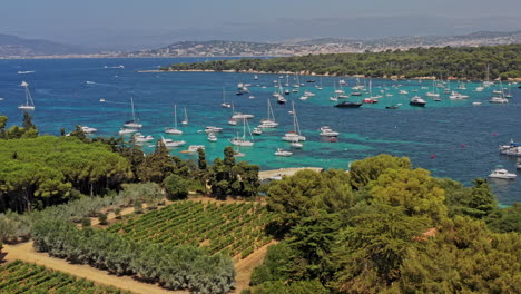Cannes-France-Aerial-v27-establishing-pan-shot-capturing-exotic-paradise-mediterranean-saint-honorat-island,-port-des-moines-with-sailboats-floating-and-cruising-on-crystalline-water---July-2021