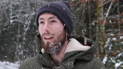Young-adult-man-standing-in-forestry-area-and-getting-hit-by-snowball-during-snowfall