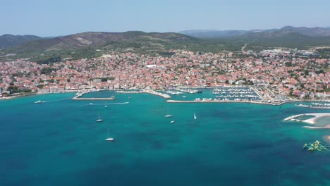 Scenic-View-Of-The-Adriatic-Town-Of-Vodice,-Dalmatia-Archipelago-Of-Croatia---aerial-drone-shot