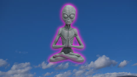 Computer-animation-of-Alien-doing-Yoga-Exercise-with-closed-eyes-in-front-of-flying-clouds-at-blue-sky-in-background---TIme-lapse-shot---Glowing-Alien-relaxing-with-cross-legged