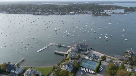 Aerial-view-of-historic-Marblehead-town-center-and-Marblehead-harbor,-Marblehead,-Massachusetts-MA,-USA---drone-shot