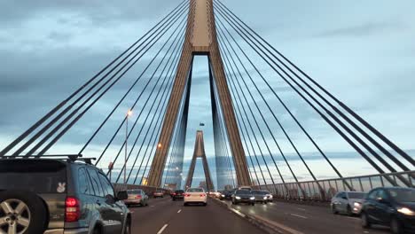 Drive-through-The-Anzac-Bridge,-an-eight-lane-cable-stayed-bridge-that-carries-the-Western-Distributor-across-Johnstons-Bay-between-Pyrmont-and-Glebe-Island