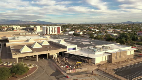 Closeup-Tucson-Arizona-Convention-Center-and-Doubletree-hotel-in-background,-drone-shot,-4k