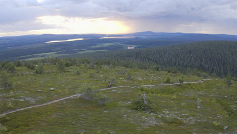 Person,-Die-Mit-Dem-Mountainbike-Einen-Weg-In-Lappland,-Finnland,-Hinunterfährt