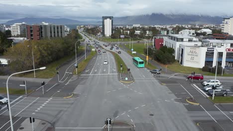 Aerial-view-of-Reykjavik-suburban-streets-during-day-time-with-traffic