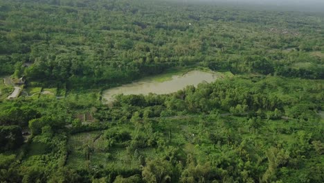 Luftaufnahme-Des-Sees-Als-Ergebnis-Des-Sandabbaus,-Umgeben-Von-Dichtem-Dschungel-In-Indonesien