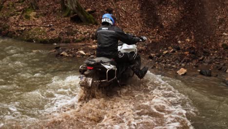 Failed-Motorbike-Uphill-Run-Trial,-Slow-Motion-Bike-Stuck-halfway-through,-Off-Road-Driver-fails-paralysed-in-the-deep-mud-of-the-forest,-slips-losing-balance