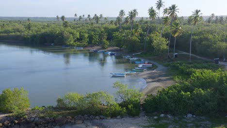 Botes-De-Madera-En-La-Playa-En-La-Desembocadura-Del-Río-Soco,-República-Dominicana