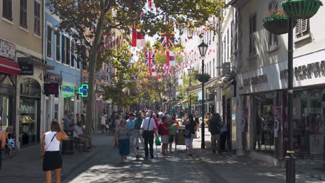 Bustling-Gibraltar-city-center-street-with-tourists,-trees-and-flags