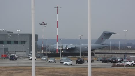 Rzeszow-Jasionka-Airport,-RAF-C-17-Airplane-arriving-at-Nato-Base-in-Poland,-Ukrainian-Refugee-crisis