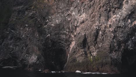 Birds-flying-near-cave-in-rock-on-Runde-island-coastline,-handheld-view
