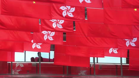 Pendler-Gehen-über-Eine-Fußgängerbrücke,-Während-In-Hongkong-Vor-Dem-1.-Juli,-Dem-Jahrestag-Der-Übergabe-Hongkongs-An-China,-Flaggen-Der-Volksrepublik-China-Und-Der-Sonderverwaltungszone-Hongkong-Gezeigt-Werden
