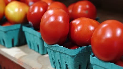 Fresh-locally-grown-tomato-in-basket-for-sale-in-food-market,-close-up