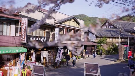 Spring-Cherry-Blossoms-in-mountain-village-of-Yoshino-Nara,-Rack-Focus-Reveal