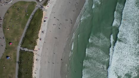 many-tourists-at-Big-Bay-Beach-during-summer-in-Cape-Town,-top-down-aerial