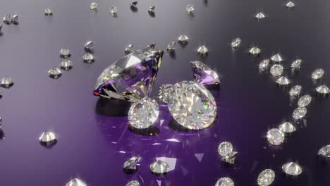 Big-shiny-diamonds-surrounded-by-a-lot-of-small-diamonds,-rotating-motion-over-a-purple-reflecting-surface
