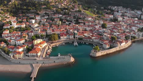 Aerial-point-of-interest-shot-of-Nafpaktos-port-Greece-in-the-morning