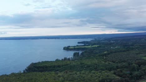 Wide-aerial-shot-flying-over-the-rainforest-on-the-coastline-of-the-Big-Island-of-Hawaii-with-Hilo-Bay-in-the-background